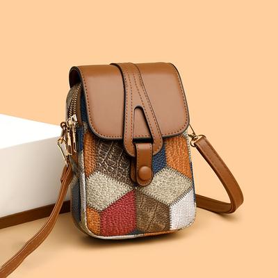 Borsa a tracolla vintage da donna con motivo geometrico, borsa a tracolla trapuntata ricamata con tracolla regolabile, chiusura con cerniera, dettaglio verniciatura sui bordi