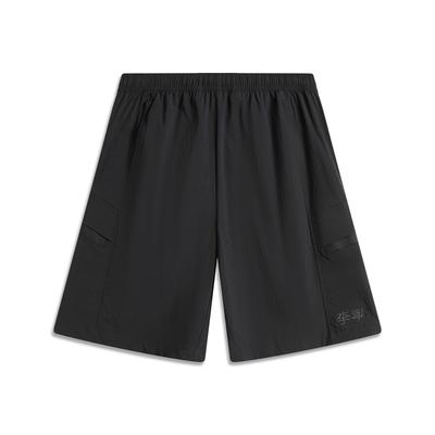 Li Ning Sports Lifestyle Serie Einfarbig Mittelhoch Atmungsaktiv Vielseitig Gerades Bein Cargo Shorts Herrenshorts Schwarz AKSV409-4
