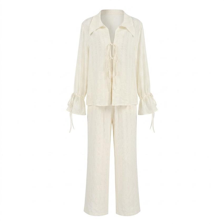 Casual lace-up jacquard suit women's 1116 summer vacation loose shirt wide-leg trousers two-piece set women's clothing