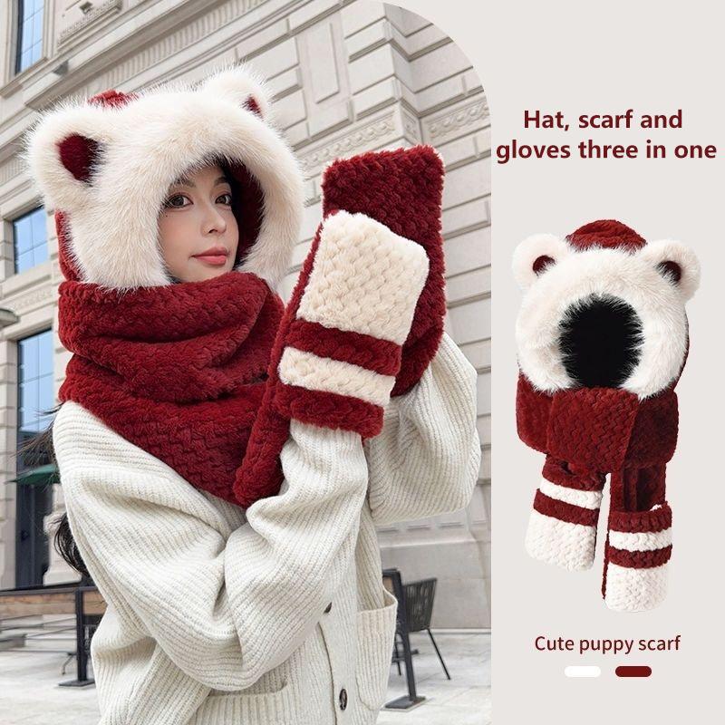Cold-Proof Warm Able Plush Hat, Hat, Scarf, Gloves And Earmuffs Four-In-One, Winter Thickened Ear Protection Cycling