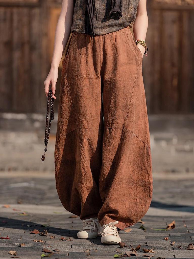 Women's Loose Casual Ramie Lantern Pants - Sand-Washed Distressed Cotton Linen Zen Tai Chi Pants