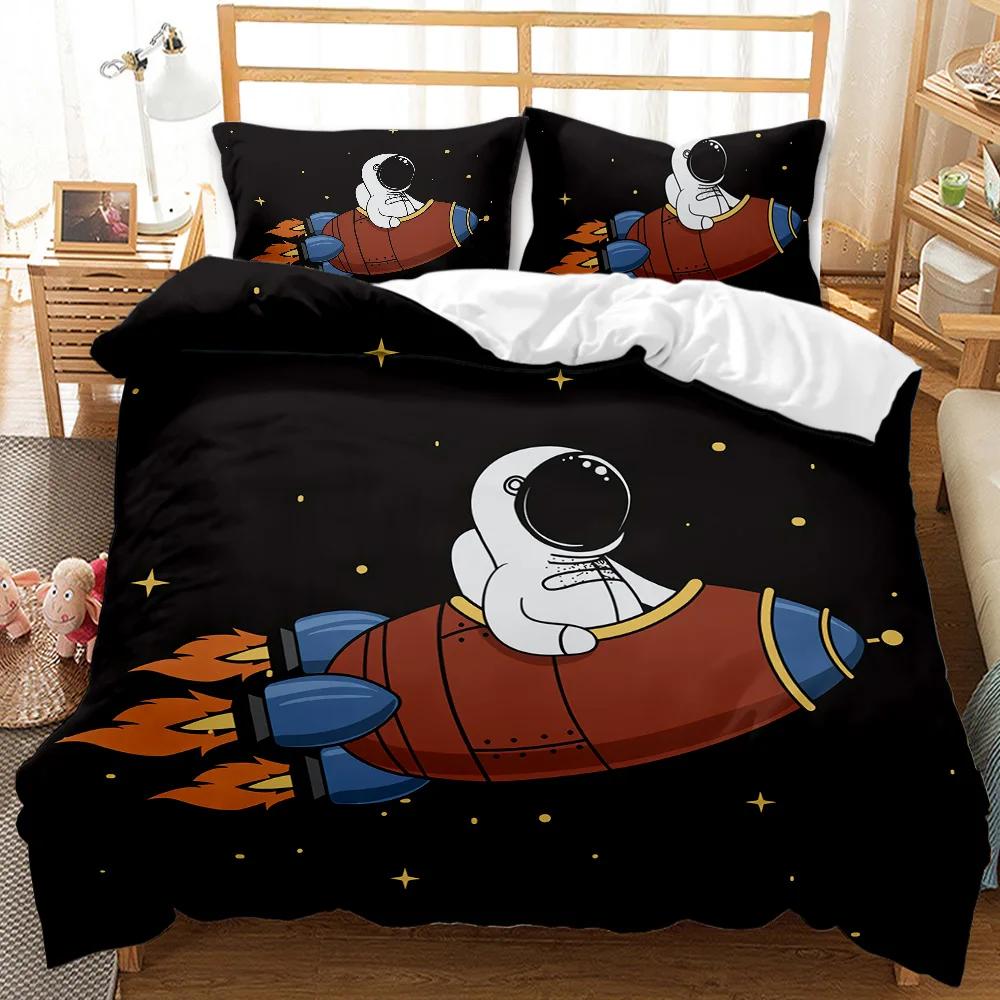 Child Cartoon Astronaut Duvet Cover Bedding Set King Size Boys Kids Galaxy Stars Out Space Soft Polyester Comforter Cover Black