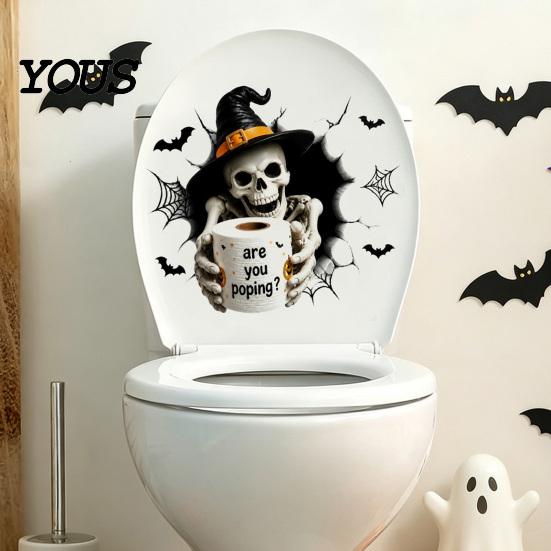 Cute Ghost Bathroom Wall Murals Halloween Toilet Seat Cover Stickers, Scary 3D Crack Skeleton Creative Tank Decorations Lid Decals, Waterproof