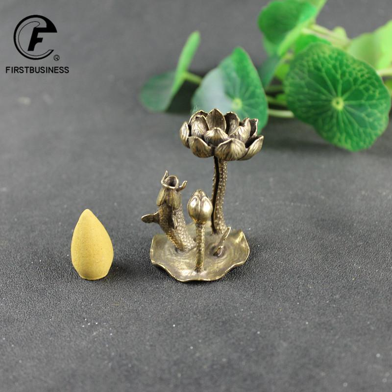Antique Copper Lotus Flower Goldfish Figurines Miniatures Small Ornament Creative Vintage Brass Censer Home Decor Incense Burner