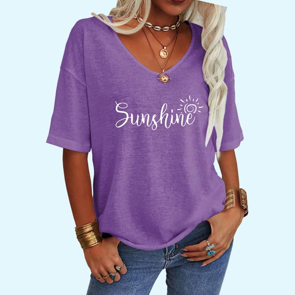 Women Fashion V CollarTee Shirt Summer Casual Letter Print Top Loose Short Sleeve T-shirt