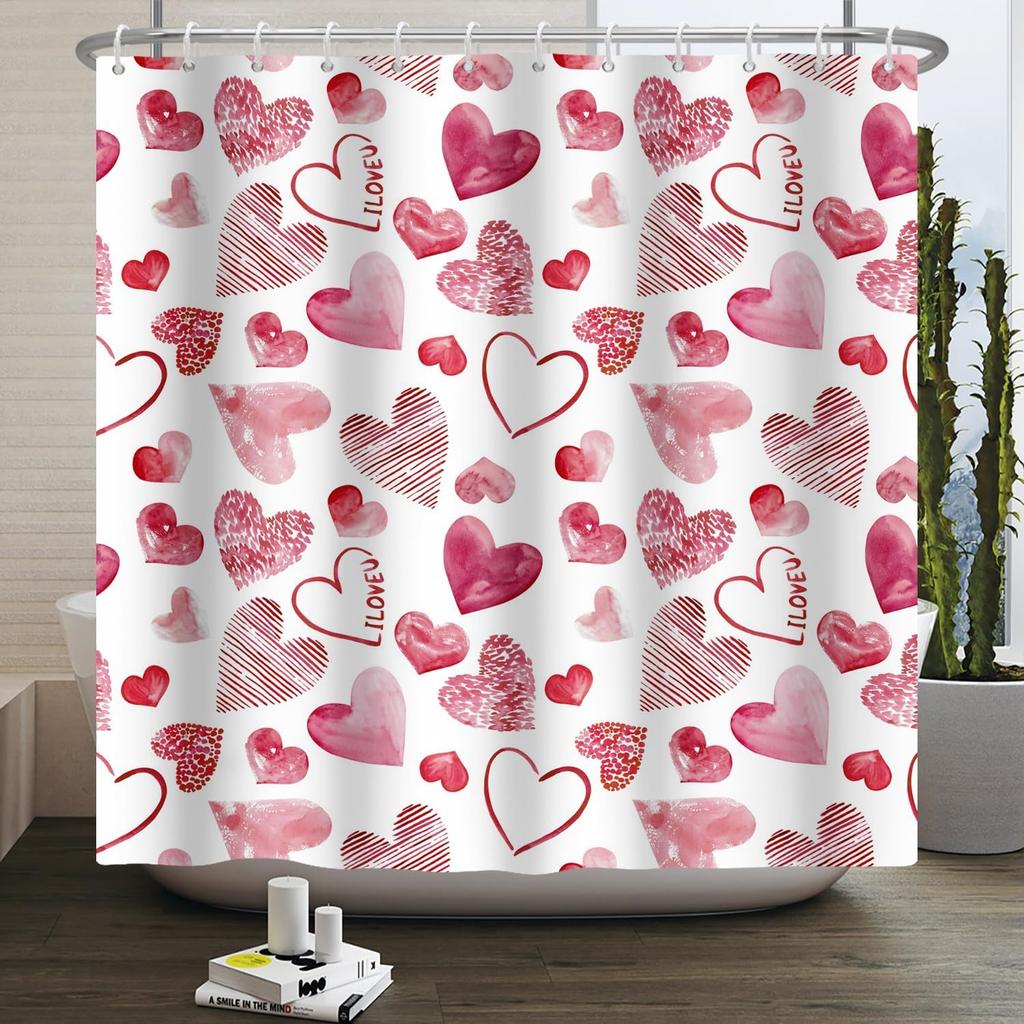 Valentines Day Shower Curtain Romantic Love Drawing Art Red Heart Shower Curtains Mother's Day Shower Curtain for Shower Decor Sets for Bathroom