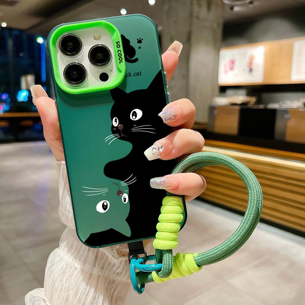 Cute Cartoon Black Cat Electroplate Lanyard Strap Phone Case For iPhone 15 14 13 12 11 16 Pro Max X XS 7 8 Plus Hand Strap Cover