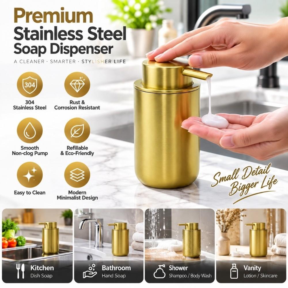Stainless Steel Body Liquid Soap Dispenser Plastic Pump Head Hand Soap Bottle Bathroom Countertop