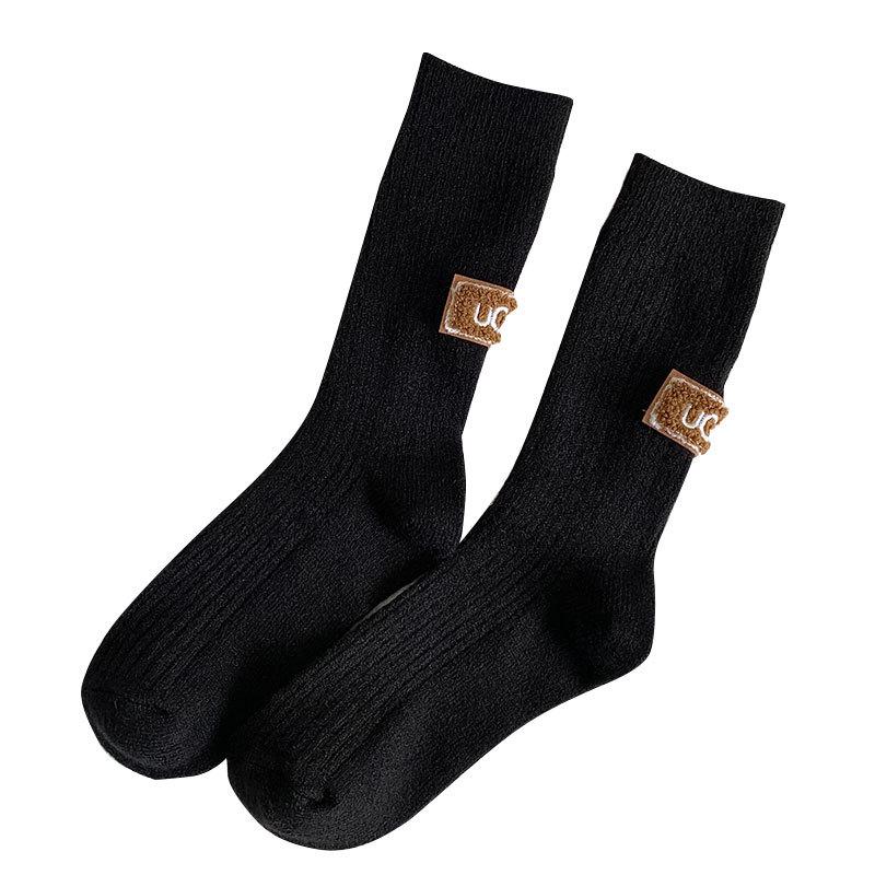 Women's Black & White Mid-Calf Wool Socks with Leather Label - Autumn/Winter Trendy Style