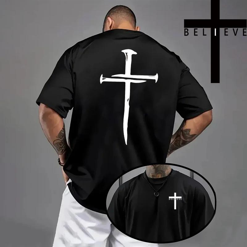 Christ Print Tshirt Men High Quality Pure Color Short Sleeve Top Spring Summer Daily Casual Fashion Jesus Cross Cotton Tees