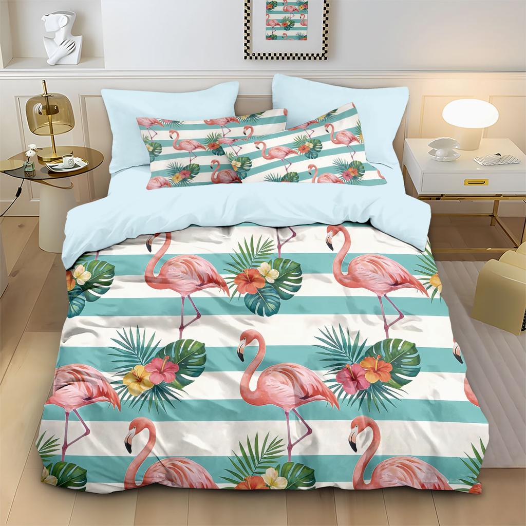 3pcs Flamingo Forest Animal Print Coreless Duvet Set, Multi Size Bedroom Bedding Decoration, Machine Washable