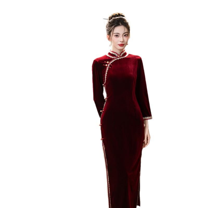 Old Shanghai Vintage Chinese Velvet Lace Long Sleeve Cheongsam 1011 Autumn New Happy Mom Wedding Banquet Toast