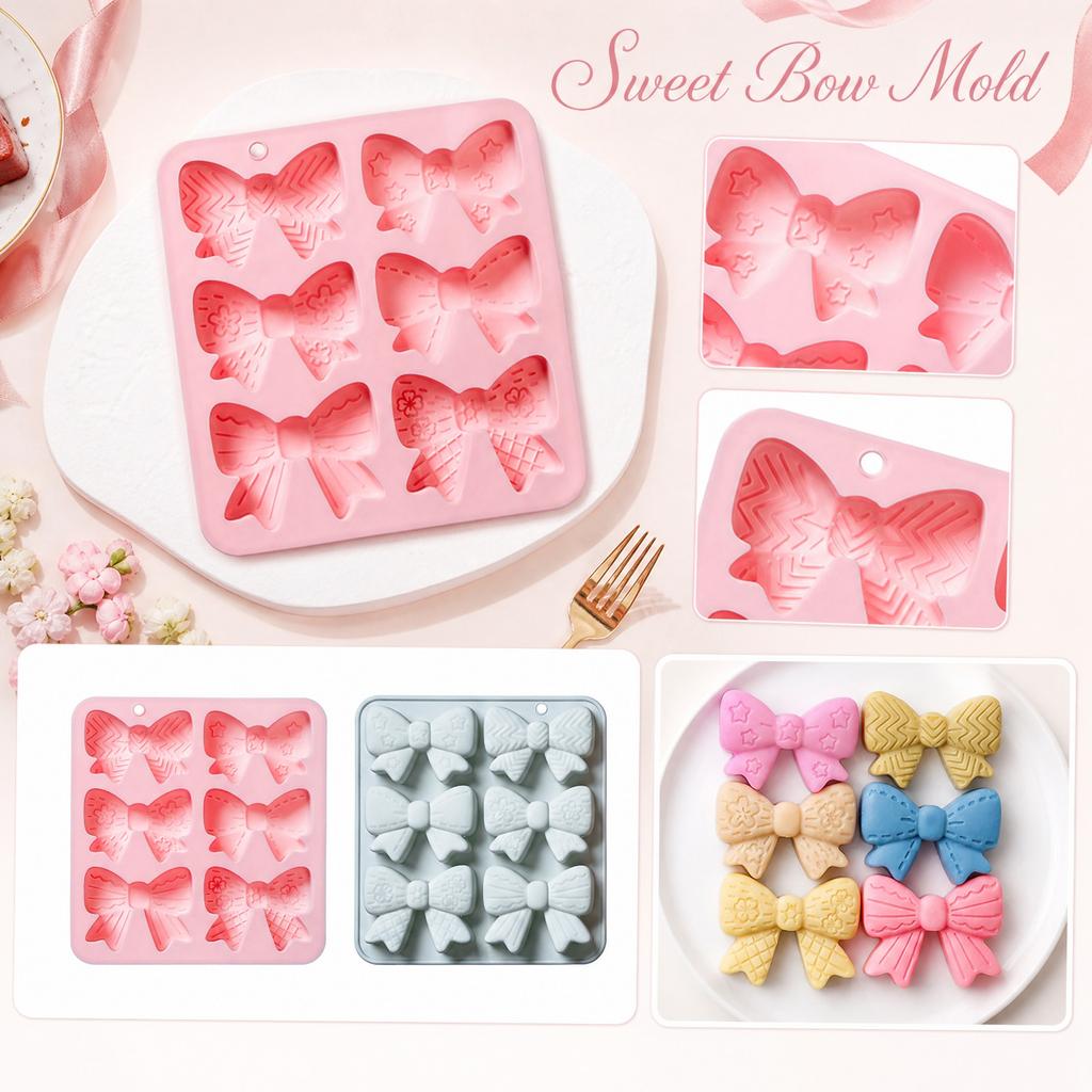 Silicone Bowknot Mold Set 6 Cavities for Cake Decoration Soap Making Resin Chocolate Candy Mold Flexible Non-Stick Baking Tool