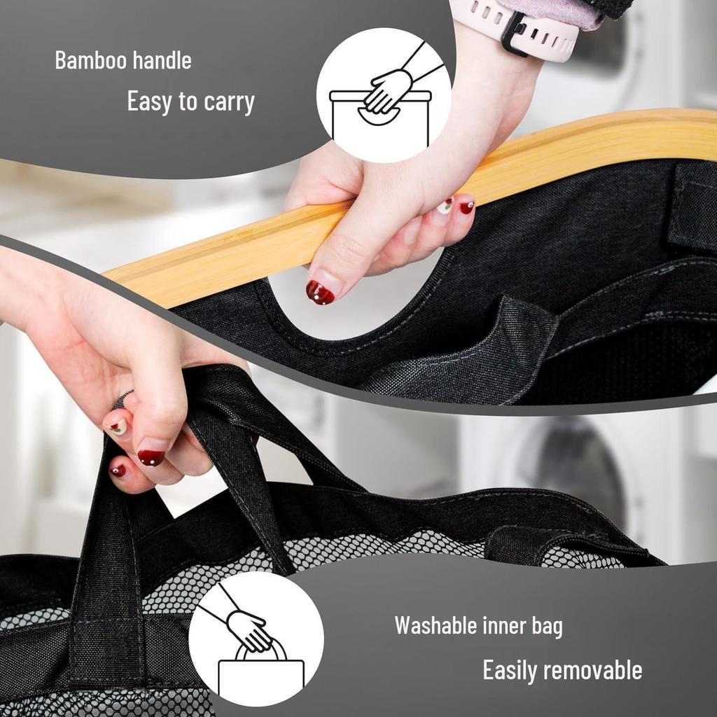 Foldable Bamboo Laundry Hamper with Lid and Inner Bag for Bedroom Storage.