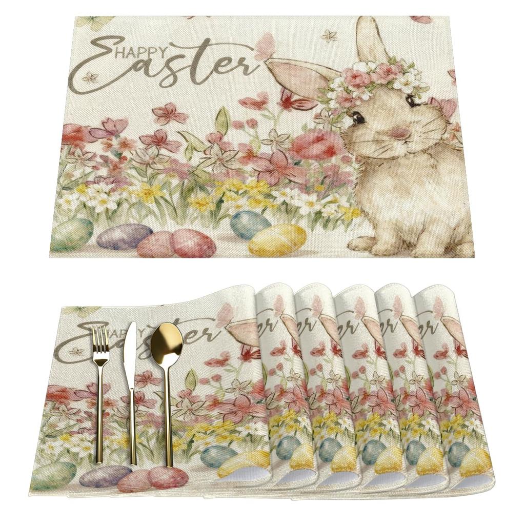 Happy Easter Bunny Flower Placemats Set of 6 - Buffalo Plaid Rabbit Linen Place Mat Washable Non-Slip Table Mats