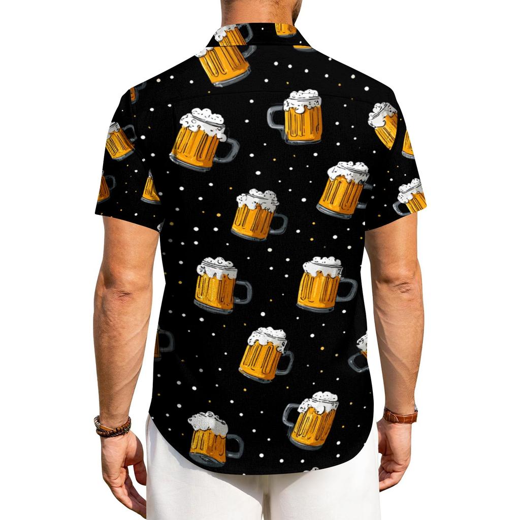 Men's Casual Short Sleeve Button Down Shirt Beer Mug Print Lightweight Breathable Fabric Relaxed Fit Summer Shirt