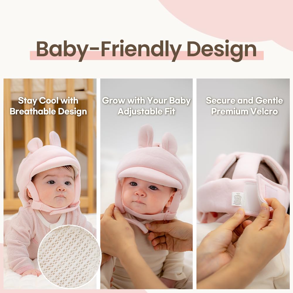 Organic Baby Head Protection Helmet GOTS Certified Bunny Adjustable Ultralight Head Guard for Crawling Pink - Cotton, Print, & Walking,