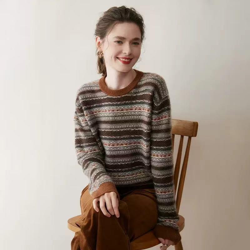 Mengyi 25 Autumn/Winter Cashmere Women's Fair Isle Retro Thick Pullover Sweater, Loose and Versatile.