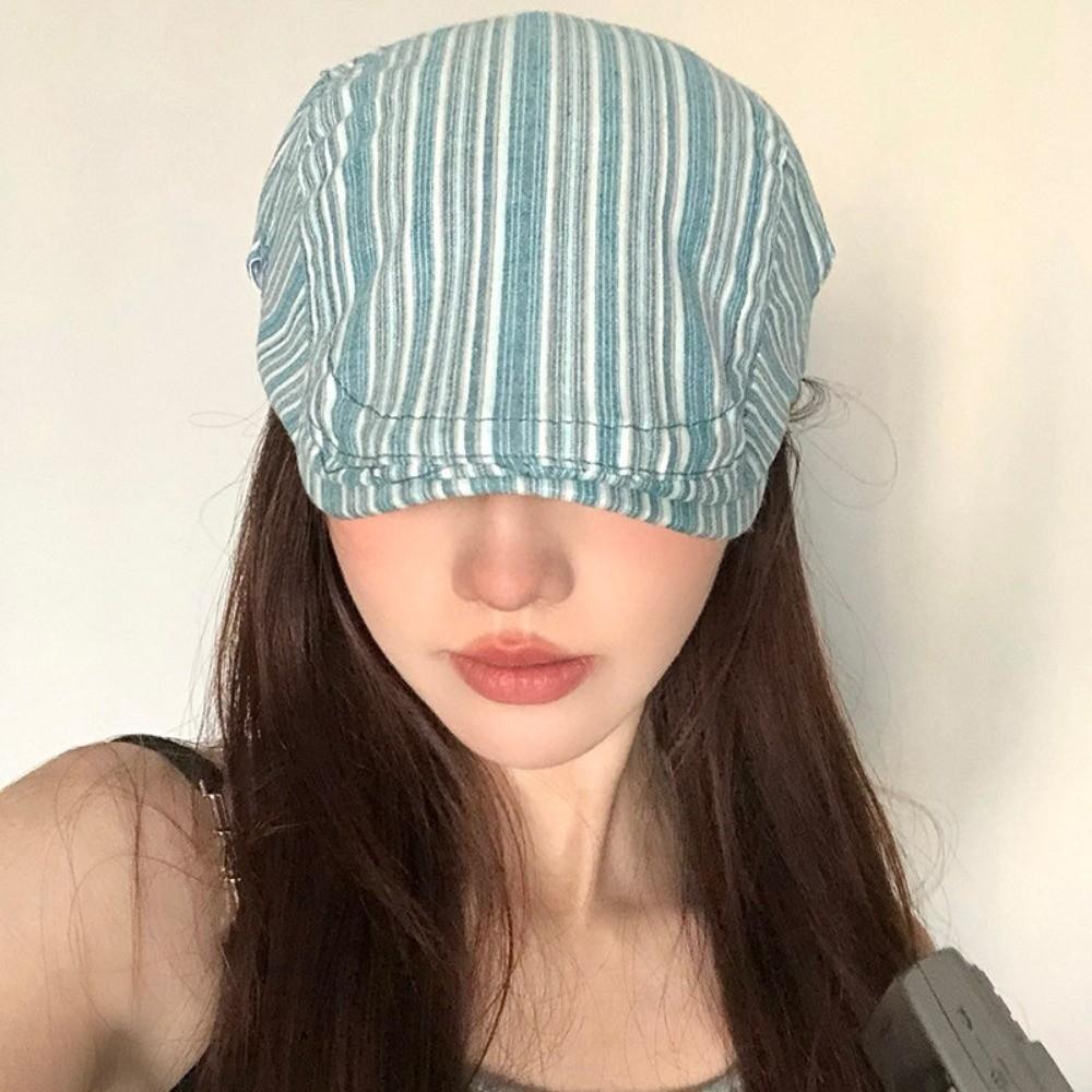Cotton Striped Forward Hat Adjustable Flat Brim Cap Classic Newsboy Hat Women Men