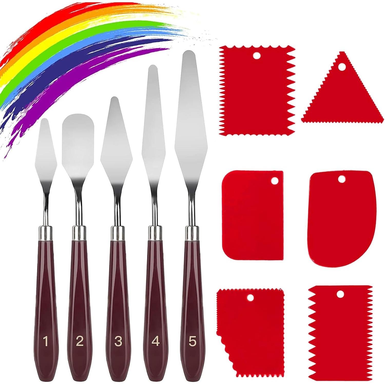 11 Pcs Palette Knife Set, 5 Pcs Stainless Steel Palette Knives and 6 Pcs Plastic Scrapers, Painting Accessories for Oil Acrylic Canvas Painting Red