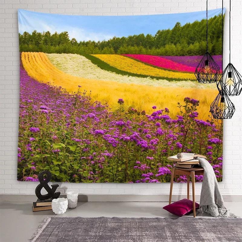 Sunset Flower Field Landscape Wall Decor Tapestry Home Living Room Tapestry