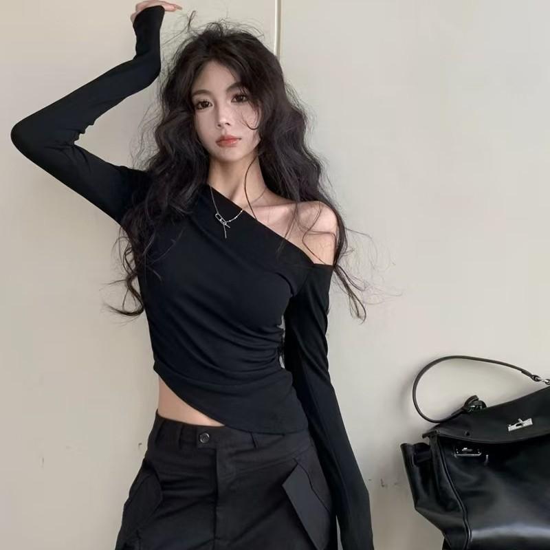 

Women s Black Off-Shoulder Sexy Long Sleeve Slim Fit Irregular Top for Autumn XXL
