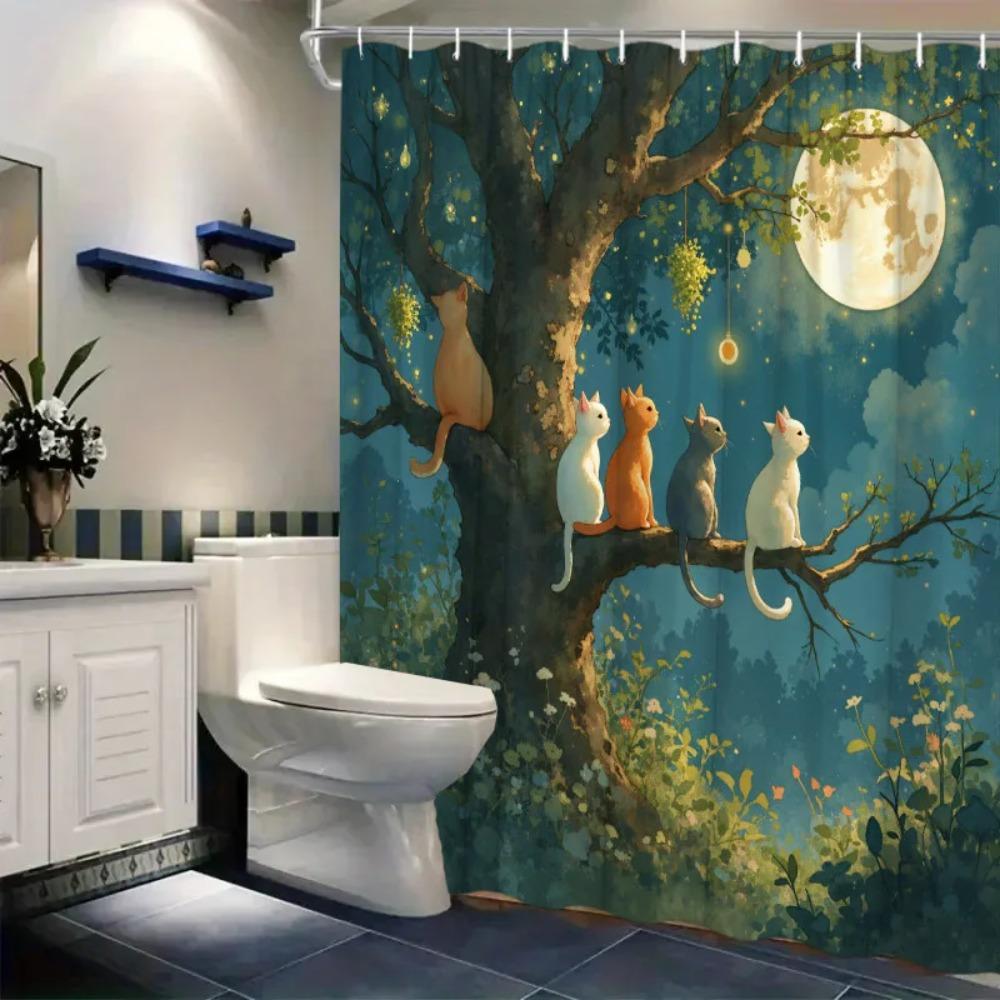 Charming Cats in Moonlit Forest Waterproof Shower Curtain - Adorable Night Scene, High-Quality Fabric, Durable and Stylish