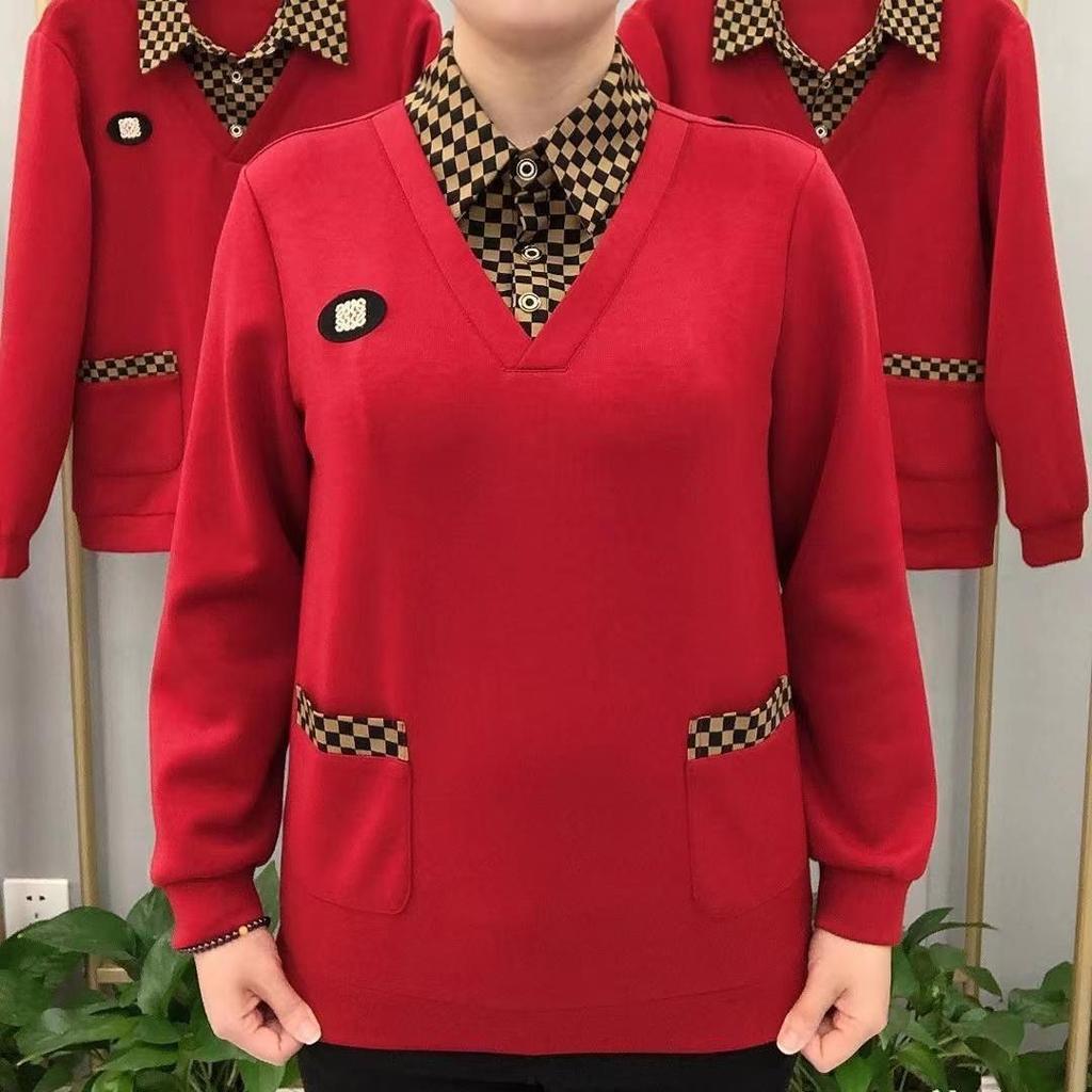 Camicia Base Plaid Finto Due Pezzi da Donna Primavera e Autunno Camicia a Maniche Lunghe Colletto Largo per Top Casual da Mamma
