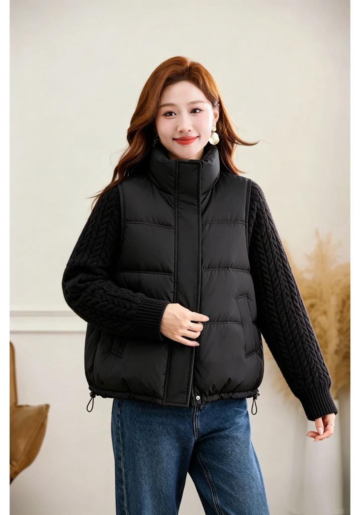 Winter new thick twist knitted sleeves splicing cotton clothes women's stand-up collar short small thickened warm jacket