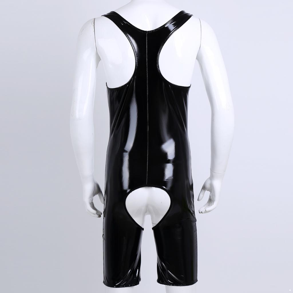 Sexy Men One-piece Tight Crotchless Underwear Shiny Leather Wrestling Singlet Jockstrap Bodysuit Swimwear