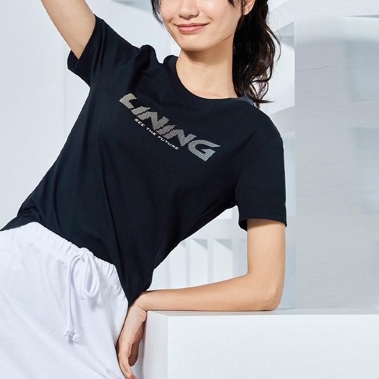 Li Ning Gradient Logo Print Sports Short Sleeve T-Shirt Women Tops Black AHSR548-6