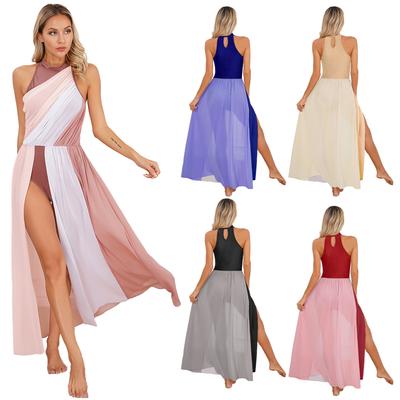Womens Color Block Dress Mock Neck Keyhole Back Sleeveless Split Dresses for Modern Lyrical Dance Performance