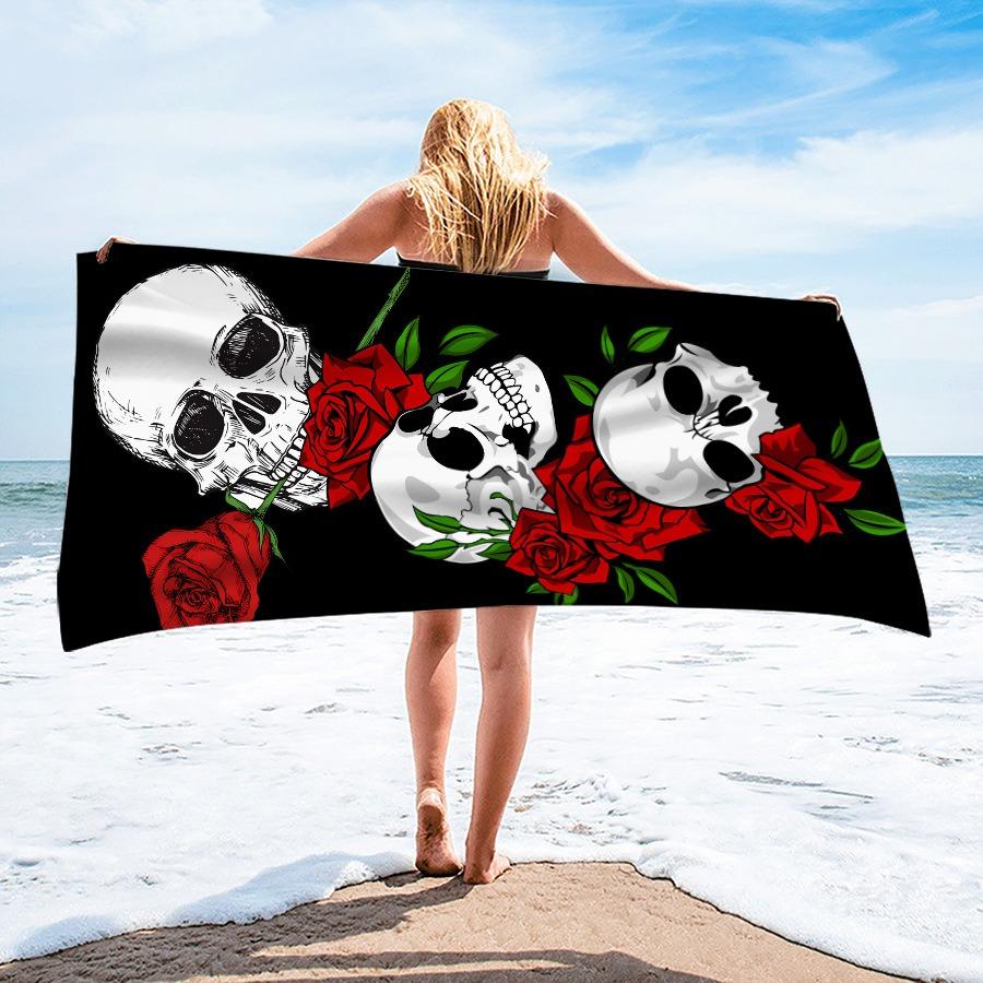Gothic Skull Red Rose Beach Towel Dark Punk Vintage Floral Skeleton Art Full Print Soft Absorbent Quick Dry Beach Blanket