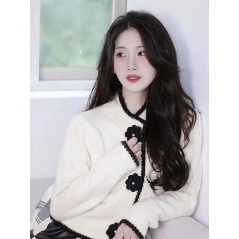 Cardigan French Sweet 3D Flower Knitted Cardigan Women Autumn Winter Vintage Color Contrast Slim Short Sweater Coat Fashion Tops