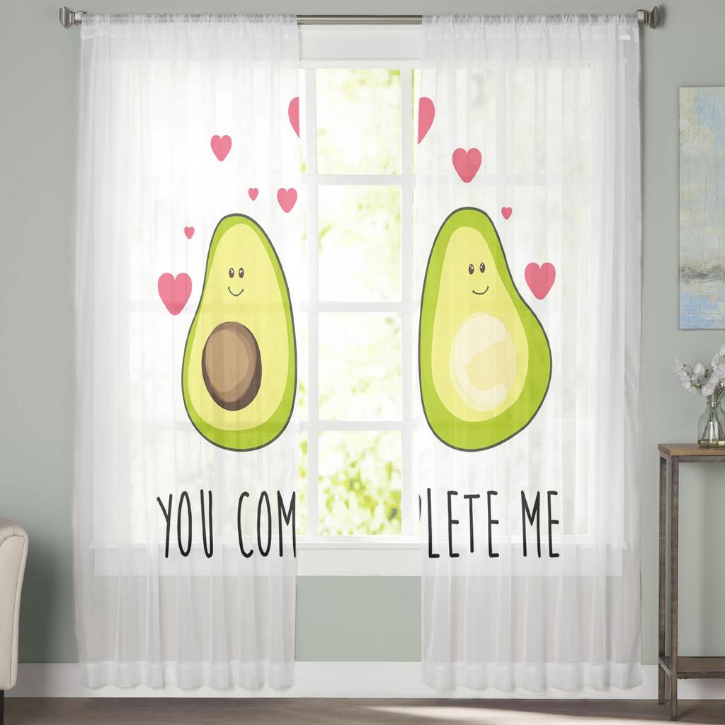 Avocado Green Cute Fruits Cartoon Tulle Curtains For Living Room Bedroom Decor Transparent Chiffon Sheer Voile Window Curtain