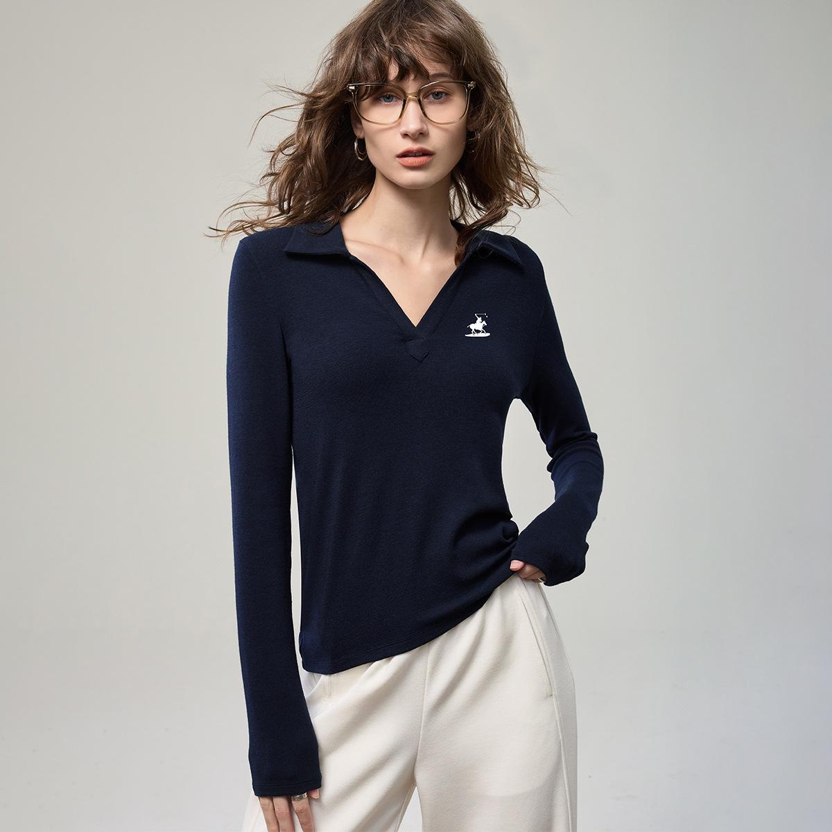 

Stylish Pony Print Polo Collar Long Sleeve V-Neck Women’s Slimming T-Shirt for Autumn 2025. XL королевский синий