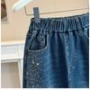 DIMANAF 2026 Autumn New Plus Size Women Denim Skirt Elastic Waist A-Line Long Skirt Fashion Lady Bottoms Beading Blue