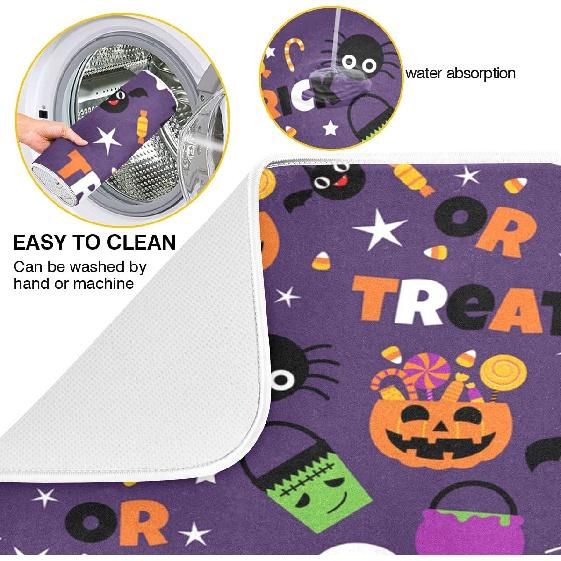 Happy Halloween Purple Pumpkin Fall Dish Drying Mat 16x18 for Kitchen Counter Trick or Treat Spooky Ghost Reversible Dishes Draining Mats Medium