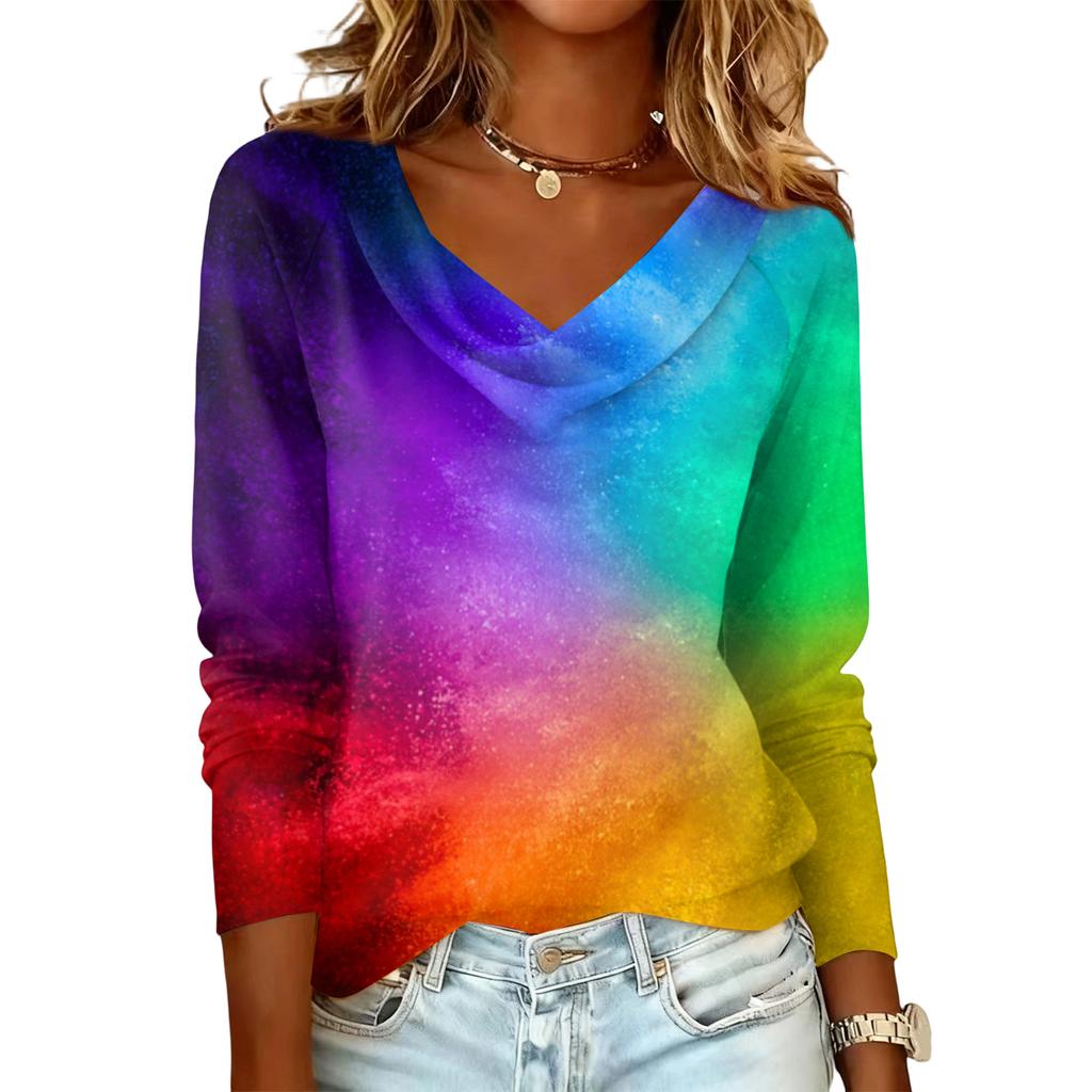 Damen lässiges Mode-Pulloveroberteil mit Langarm, kreuzgefärbt und bedruckt