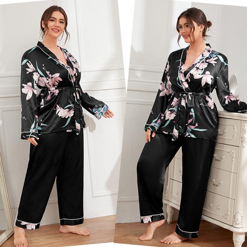 Plus Size Pajamas Women's Cardigan Tie Sleeping Robe Sleeping Pants Suit Casual Loose Home