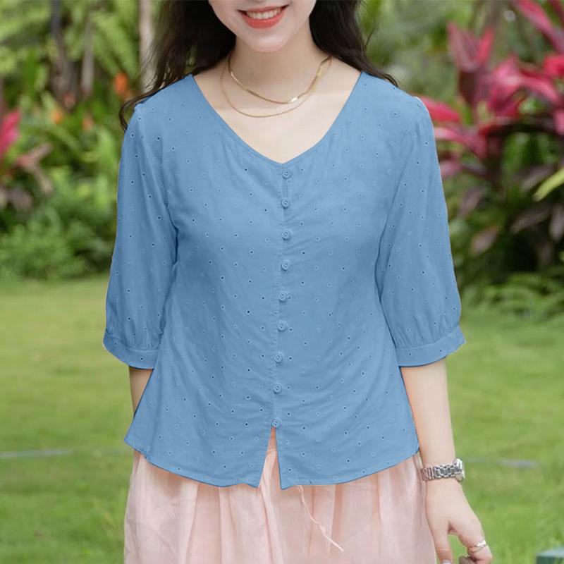 

ZANZEA Women Casual V-Neck Half Sleeve Loose Patchwork Blouse 5XL