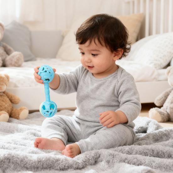 Dual Bell Baby Rattle Toy Soft Grip Shaker with Bell Sound