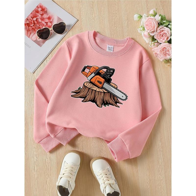 Chainsaw Tree Stump Wood Cutting Tool Girls' Fashionable Crewneck Sweatshirt, autumn and winter Western style top