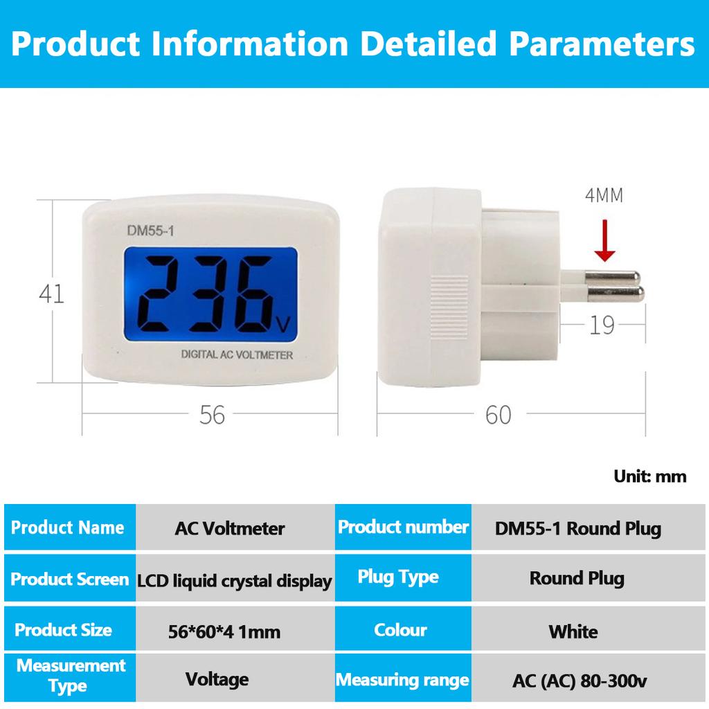 DM55-1 Digital Voltmeter EU US Plug Volt Meter Socket Voltage Tester LCD Display Voltage Meter 110V 220V Wall Flat Voltage Meter