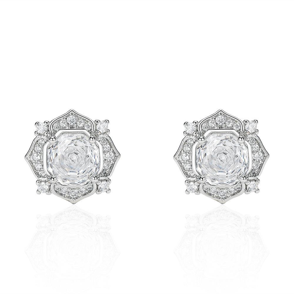 New Millennium Rose Cut Octagon Full of Zircon Flower Stud Earrings Light Luxury Ear Jewelry