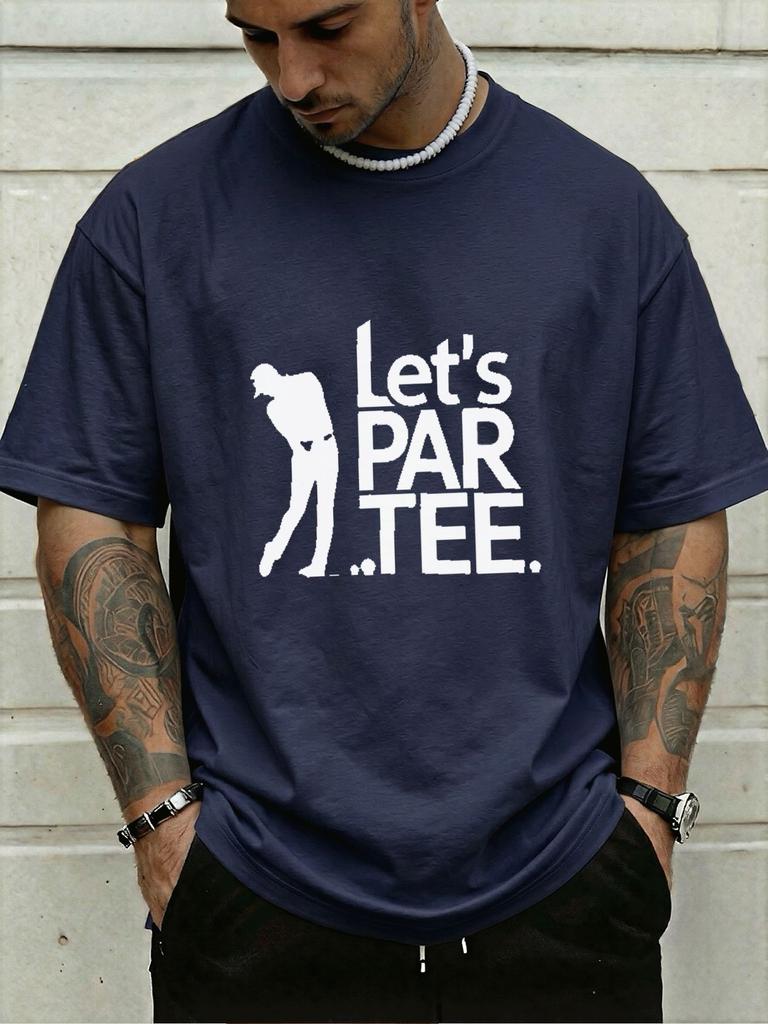 Golfer Silhouette And Lets Par Tee Funny Text Front Print Unisexs Crew Neck Short Sleeve Tee Casual Daily Soft Basic Wear Top