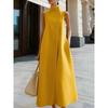 Abito midi elegante da donna, a maniche corte, con colletto alla coreana, monopetto, tinta unita, vestibilità larga, linea ad A, lungo, da ufficio