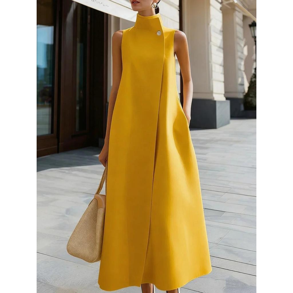 Abito midi elegante da donna, a maniche corte, con colletto alla coreana, monopetto, tinta unita, vestibilità larga, linea ad A, lungo, da ufficio
