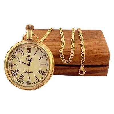 Antique Style Brass Pocket Watch Chain Wooden Box Roman Numbers Clock