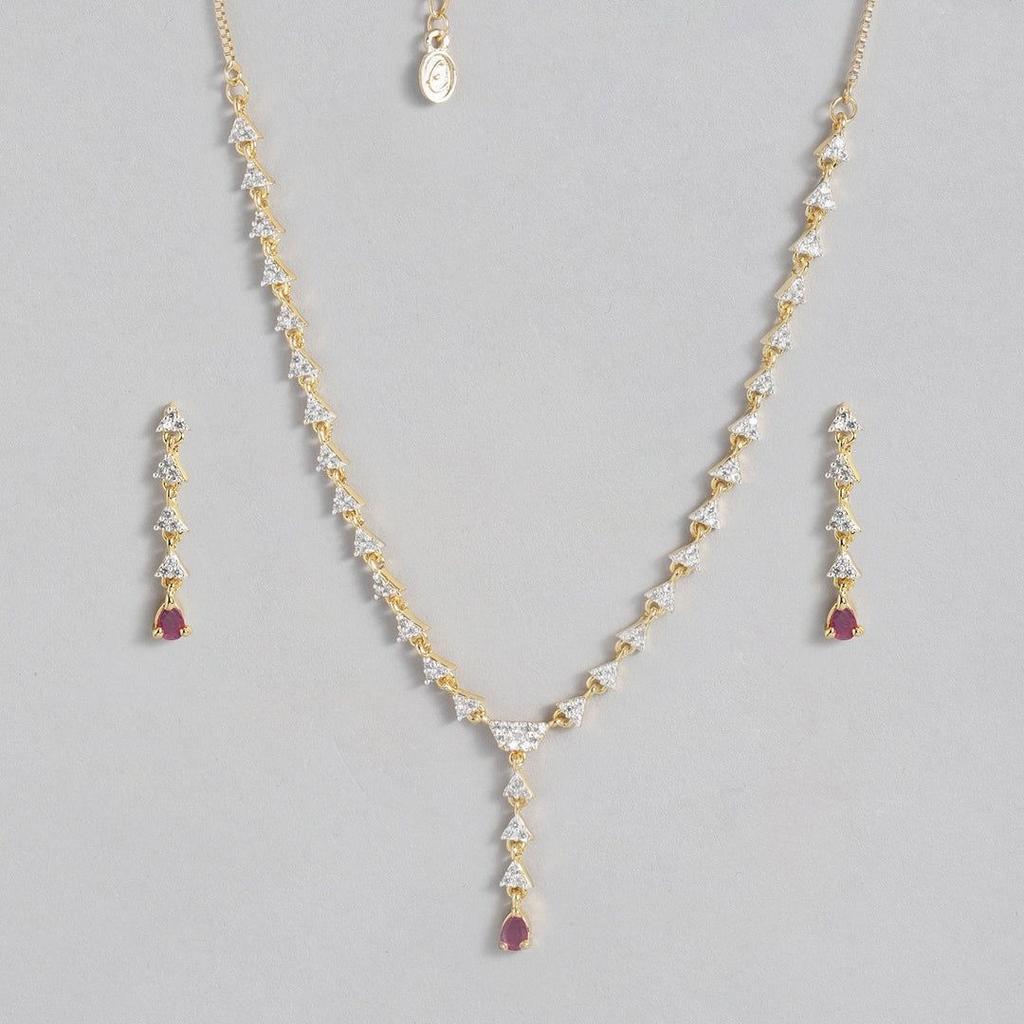 Estele Gold Plated Necklace Set with Austrian Crystals and Red Stones for Women